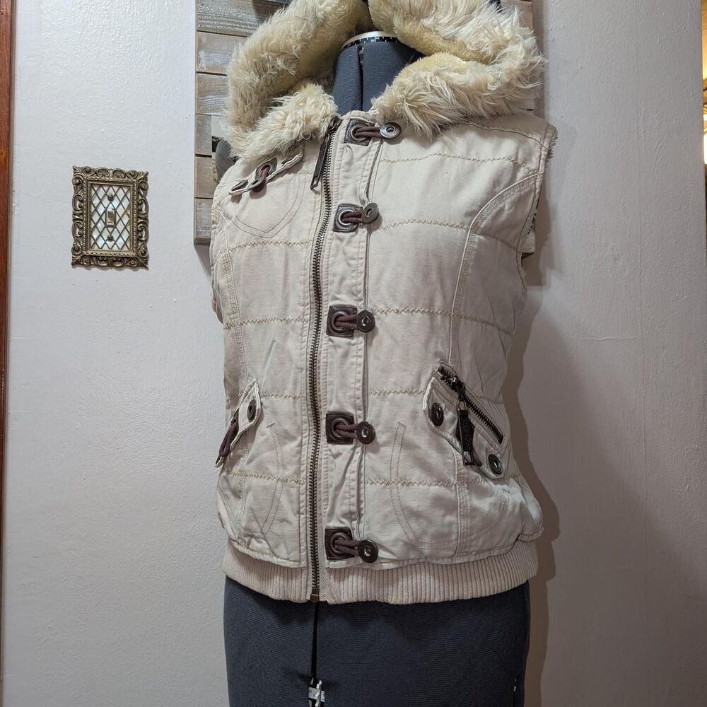 Bke Women's Cream and Brown faux fur trim vest